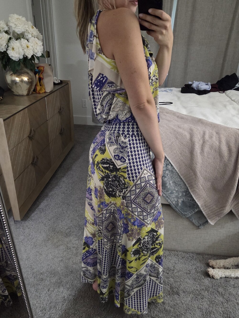 Julian Chang Patchwork Print Halter Maxi Dress Purple Chartreuse Size Small - Picture 10 of 15